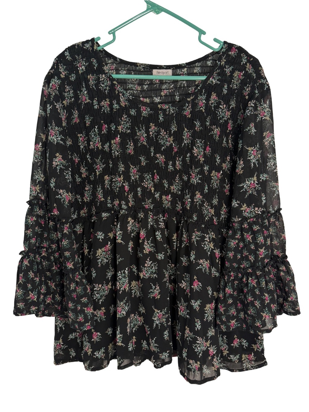Westport Black Floral Smocked Long Sleeve Sheer Boho Peasant Blouse - Picture 1 of 6